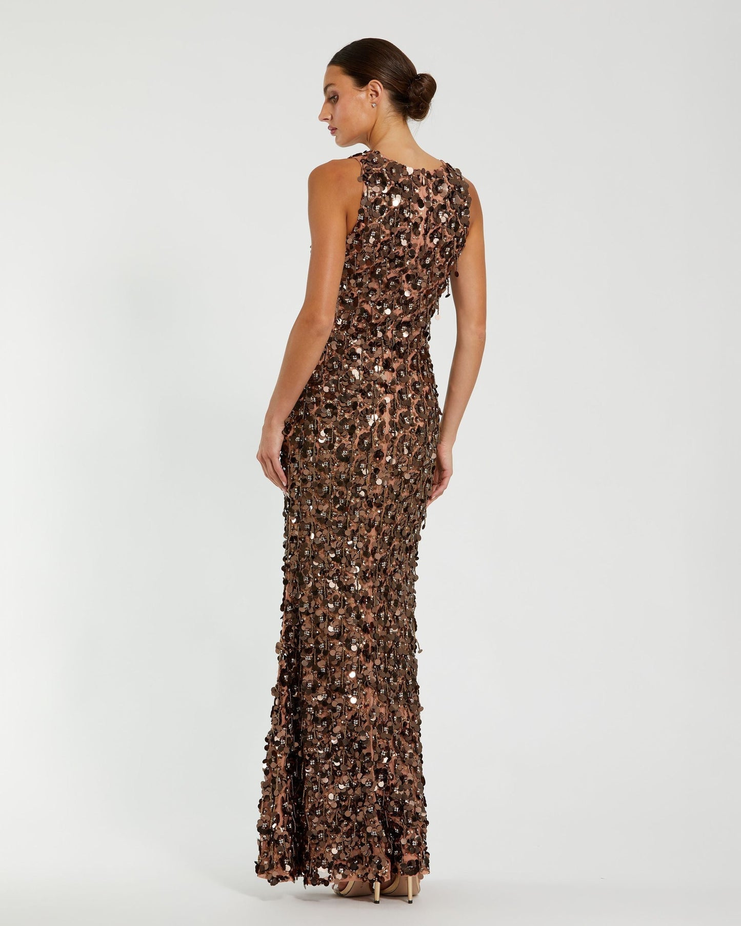 Brown Sequin Embellished Sleeveless Gown With Beaded Fringe