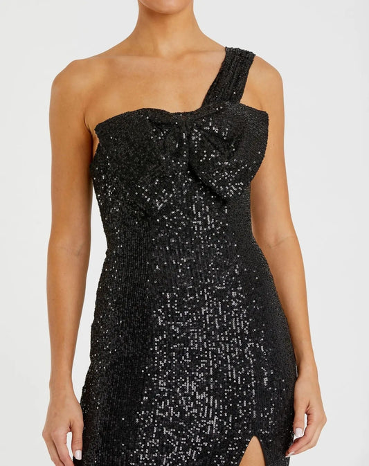 Black Sequined One Shoulder Front Bow Dress - FINAL SALE