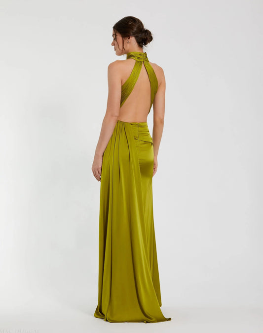 Dark Green Sleeveless Open Back Satin Gown