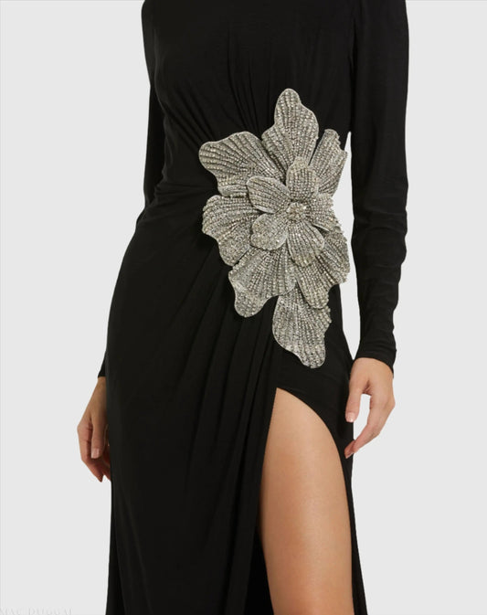 Black Long Sleeve Jersey Gown With Embellished Flower