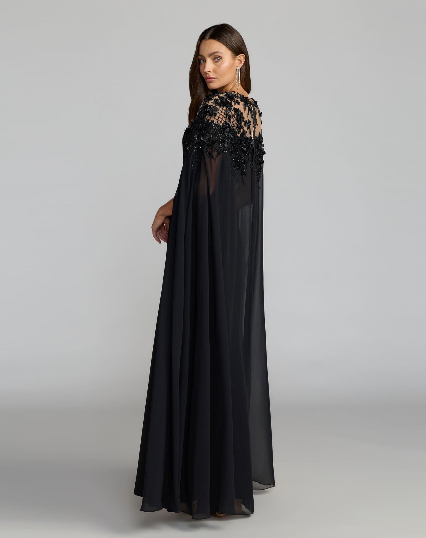 Black Floral Embellished Crepe Gown With Chiffon Cape
