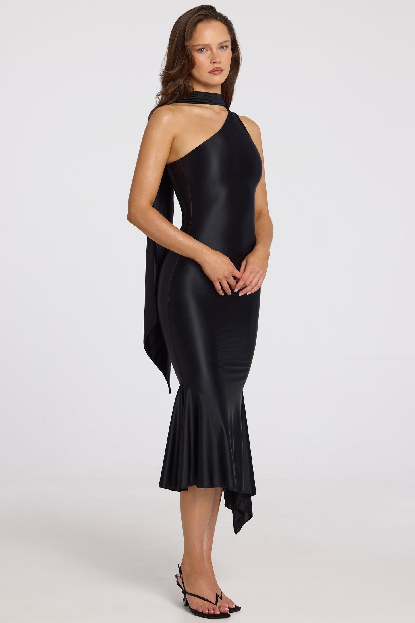 Asymmetric Scarf-Detail Midaxi Dress in Black
