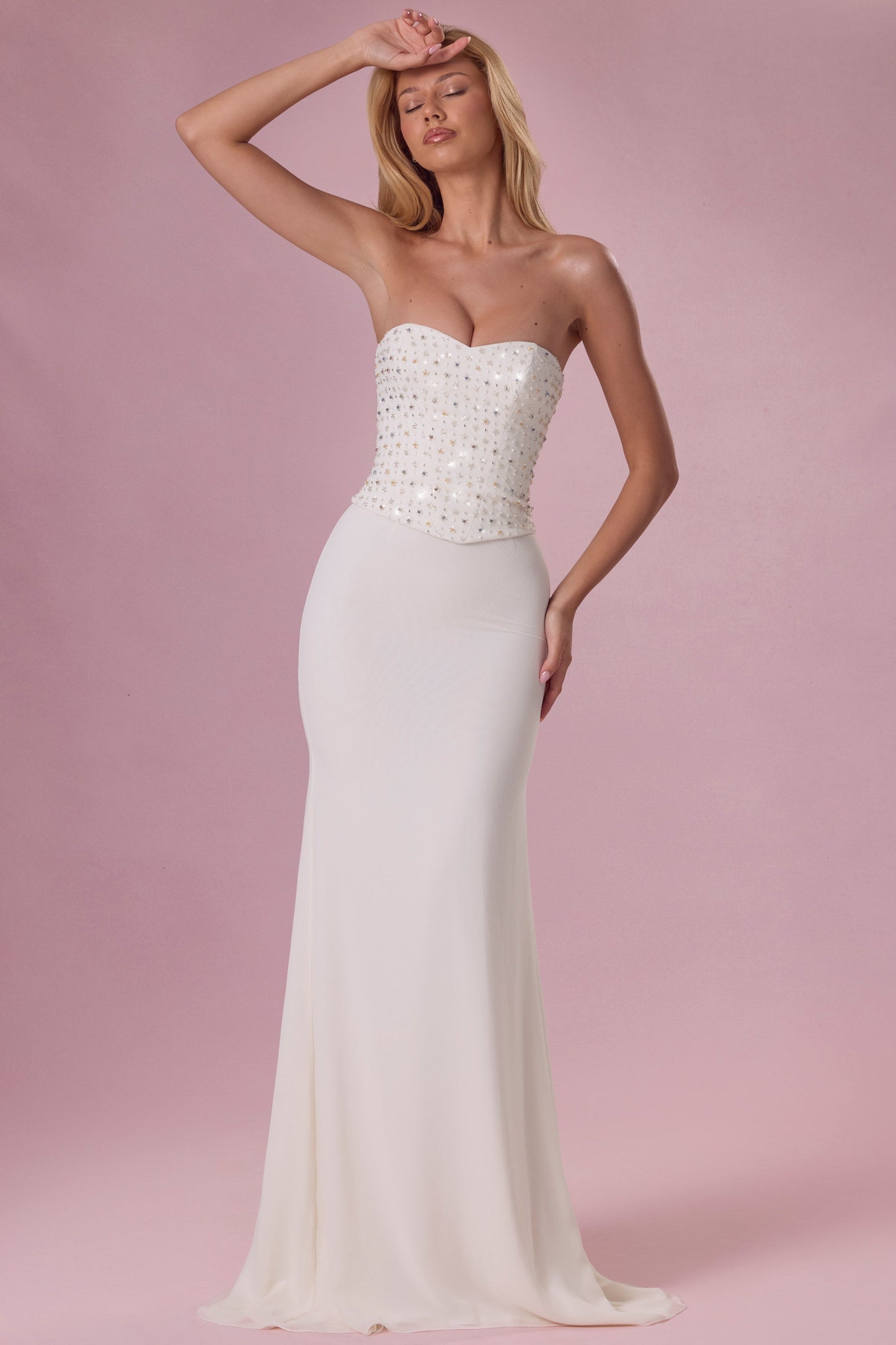 Embellished Corset Strapless Gown in Pearl