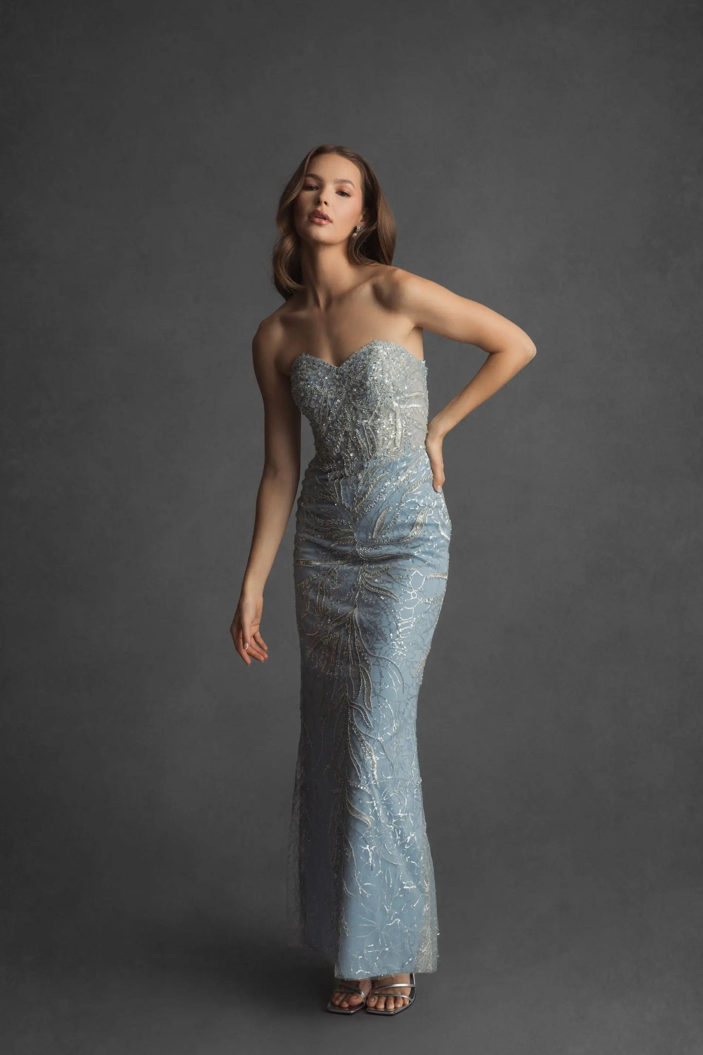 Blue Beaded Sequin Strapless Trumpet Gown