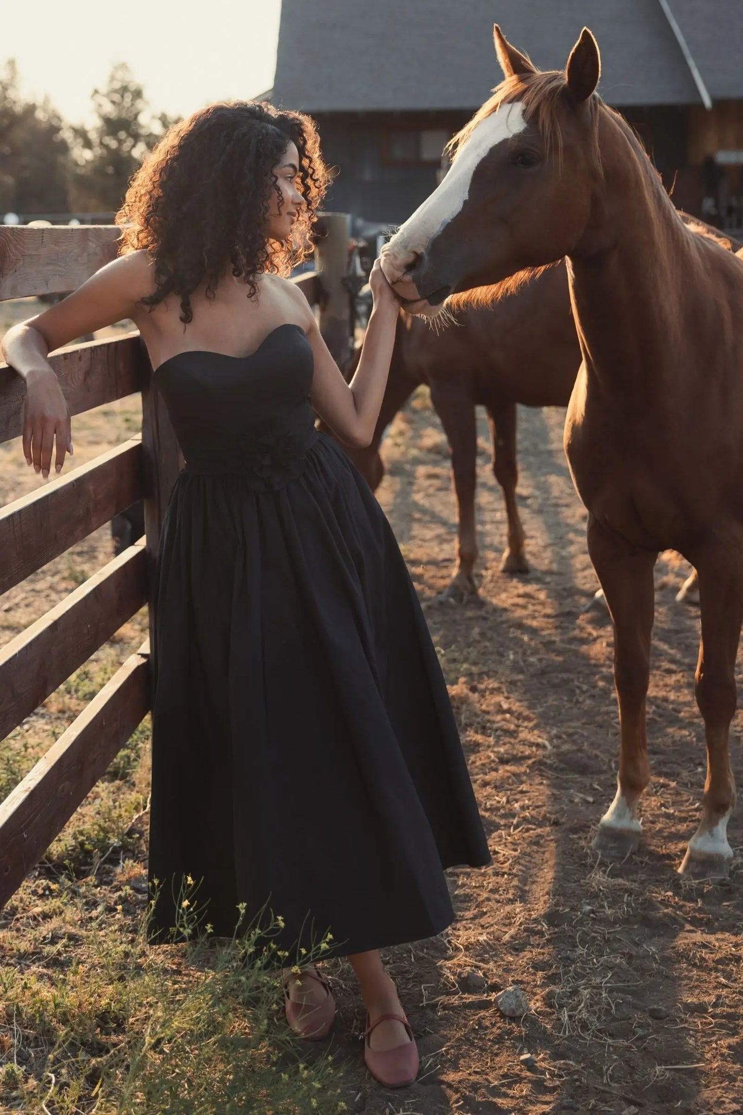 Black Faille Strapless A Line Midi Dress With 3D Rose - FINAL SALE