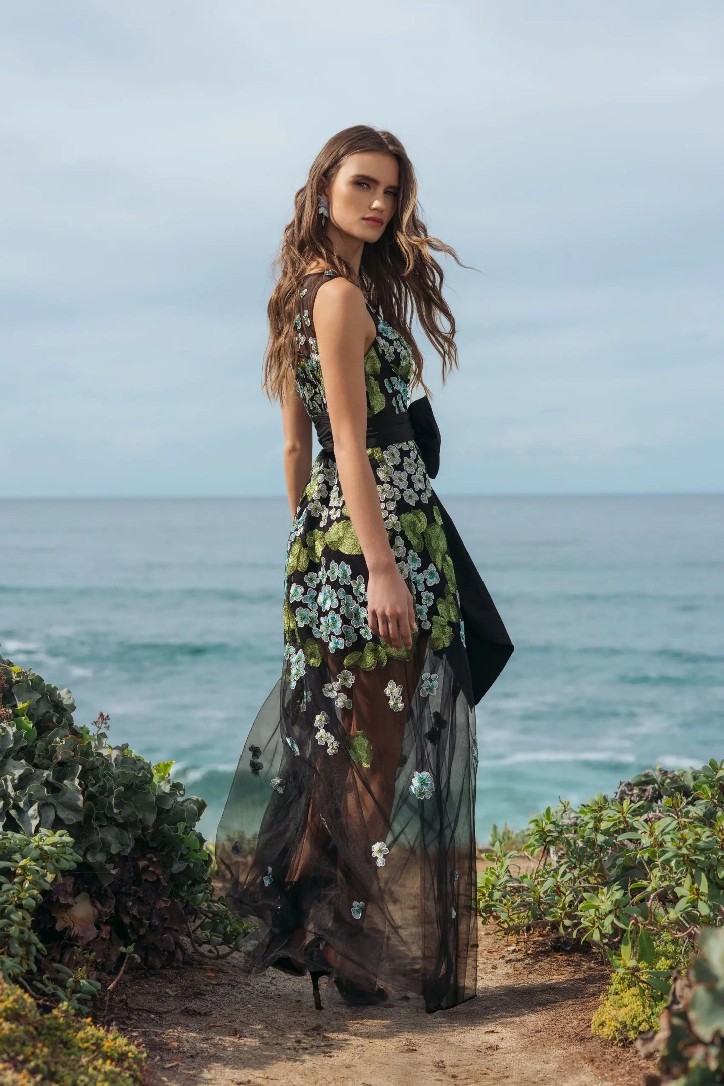Black Floral Embroidered Corset Gown With Bow