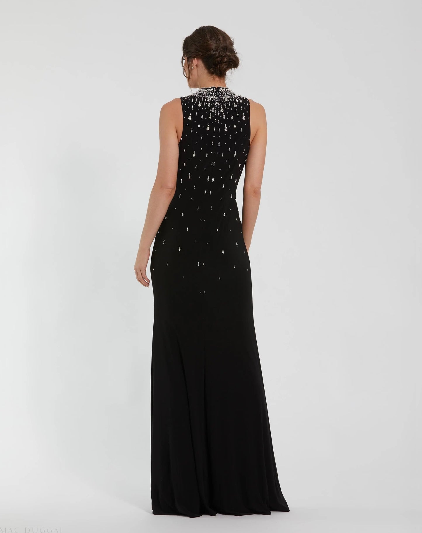 Black Rhinestone Embellished Sleeveless Crepe Gown