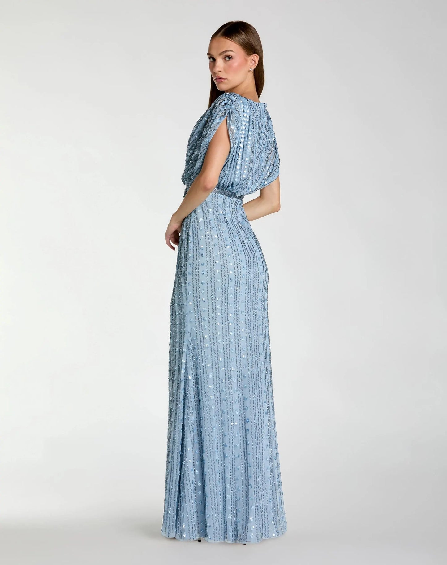 Blue Embellished Blouson V Neck Column Gown