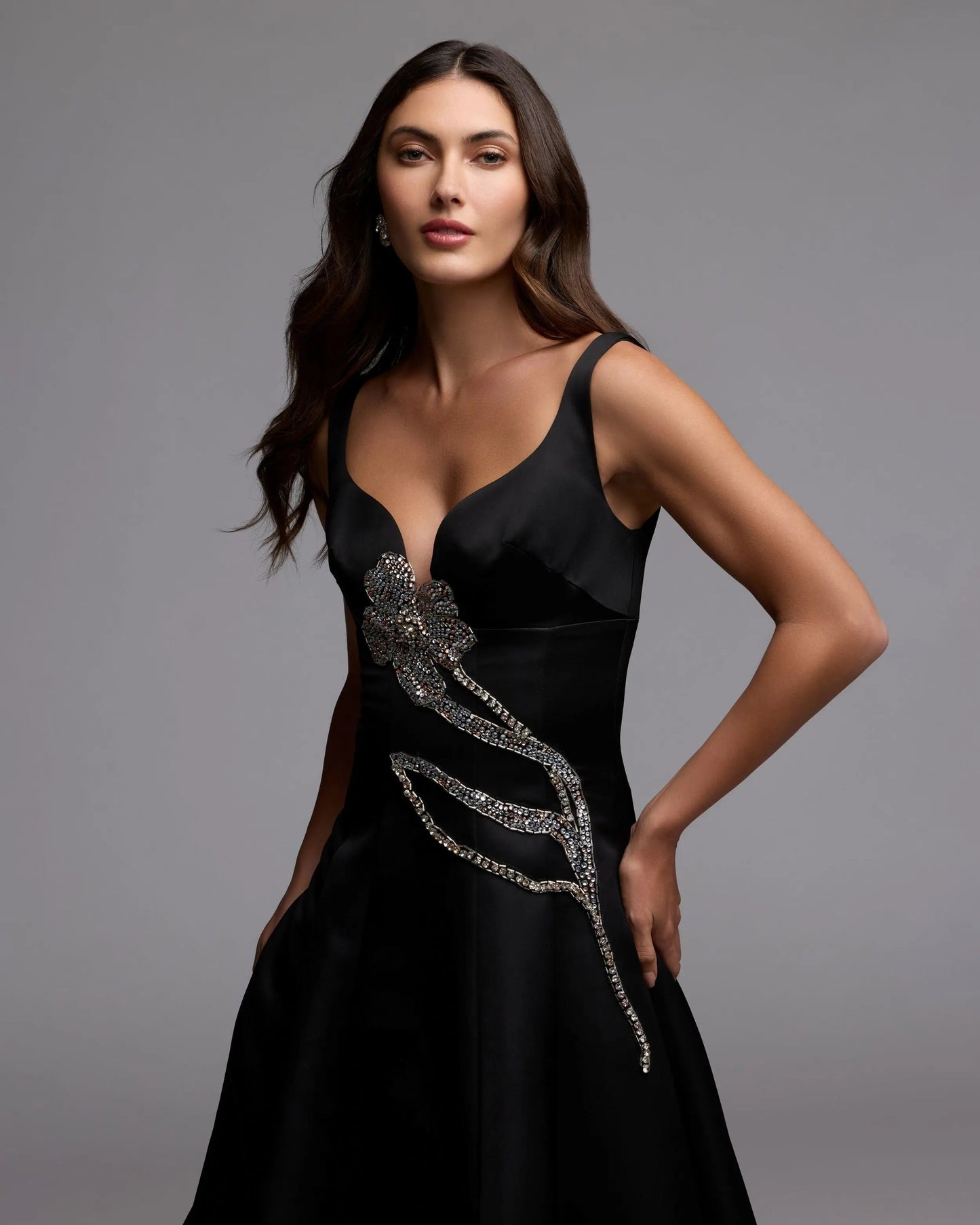 Black A-Line Midi Dress With Embellished Flower
