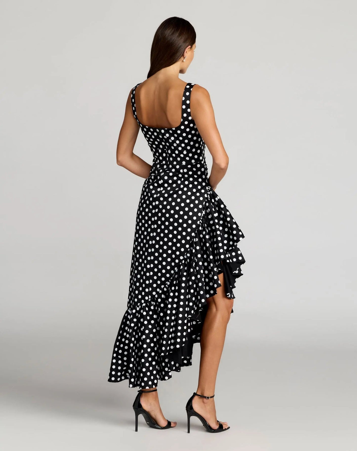 Black Sleeveless Polka Dot Midi Dress With Ruffled Hem