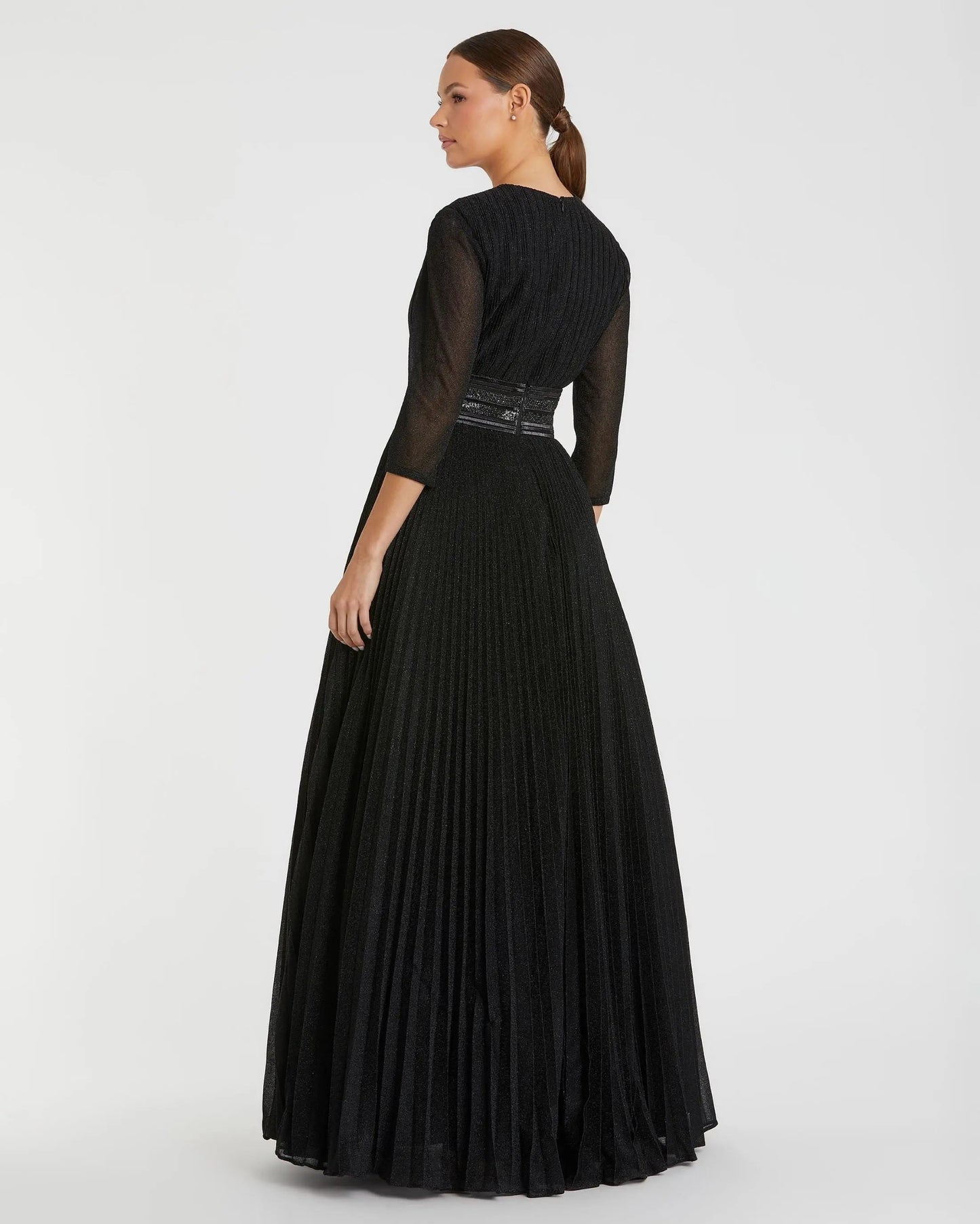 Black Shimmering Pleated 3/4 Sleeve Ball Gown