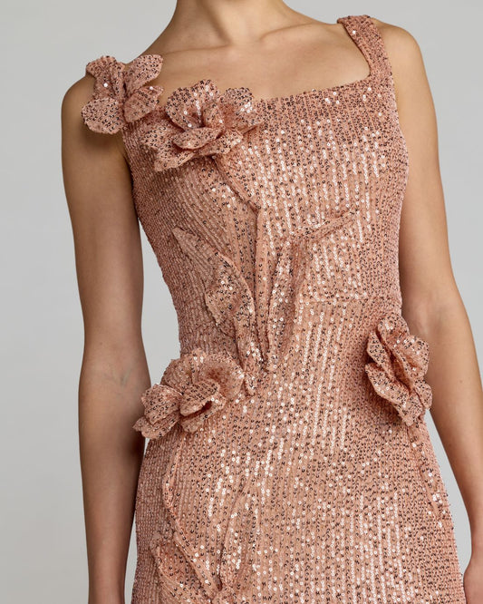 Light Pink Sequin Column Gown With 3D Flowers