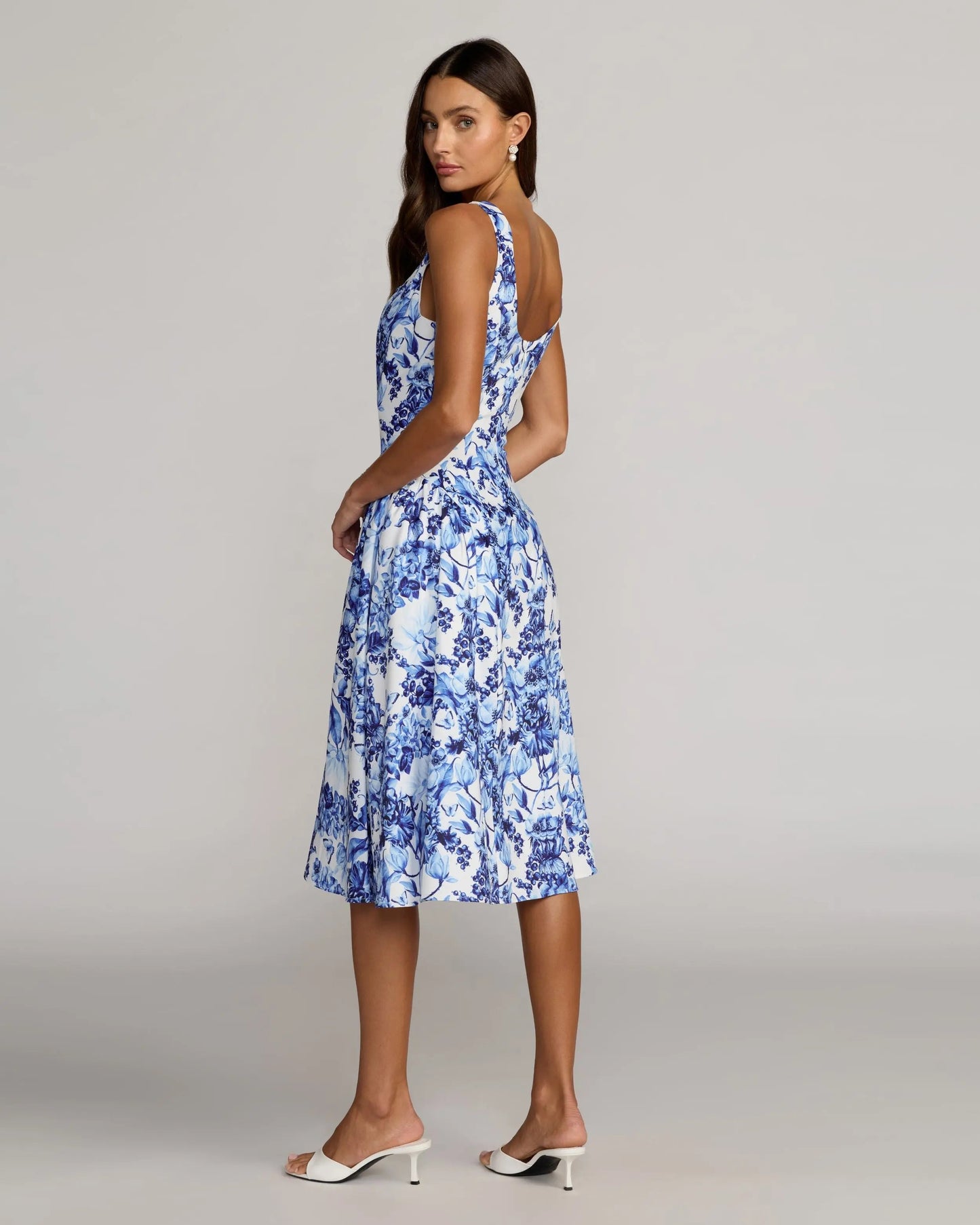 Blue Sleeveless Floral A-Line Midi Dress