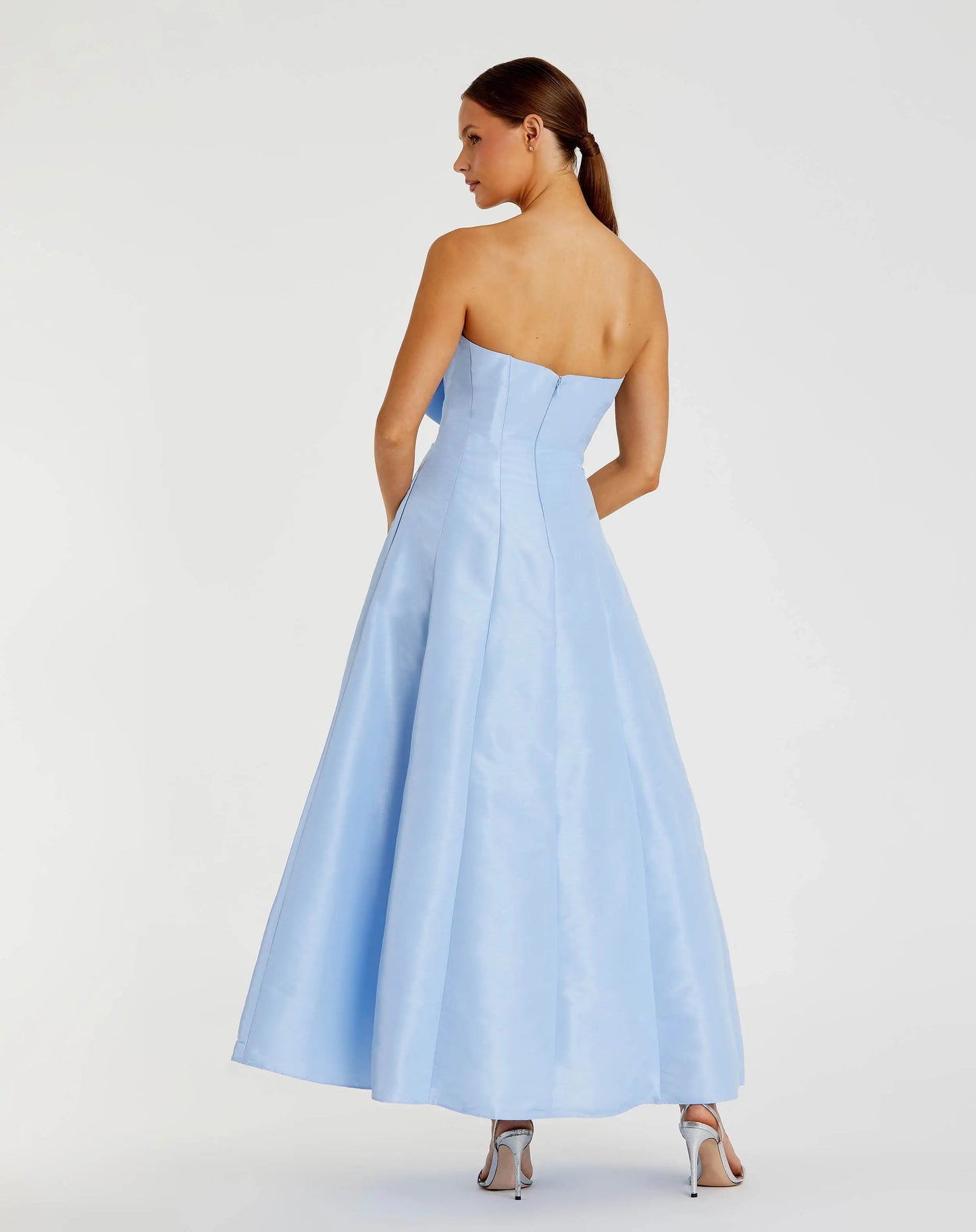 Blue Strapless A-Line Tea Length Statement Bow Dress
