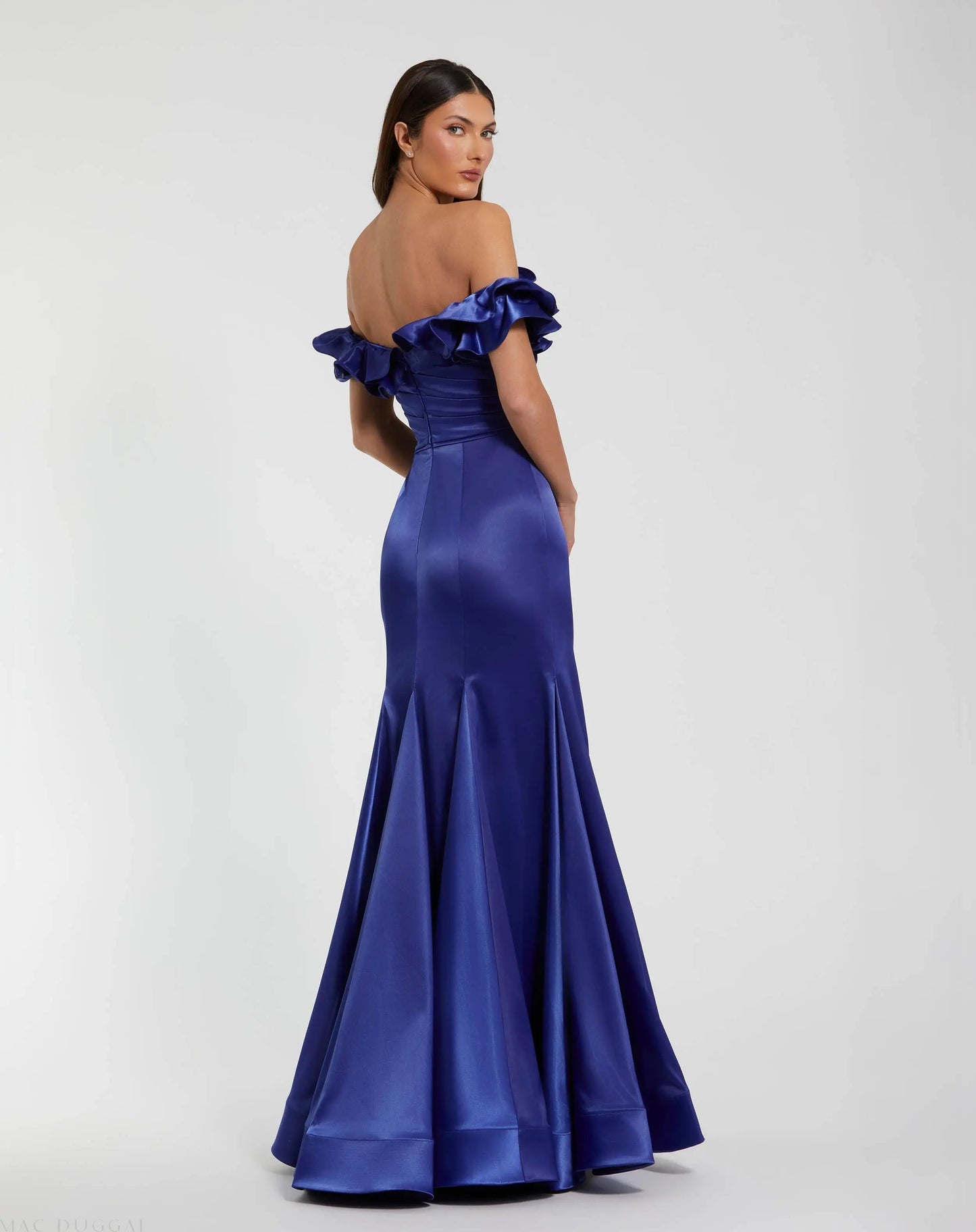 Blue Satin Ruffle Off the Shoulder Mermaid Gown - FINAL SALE
