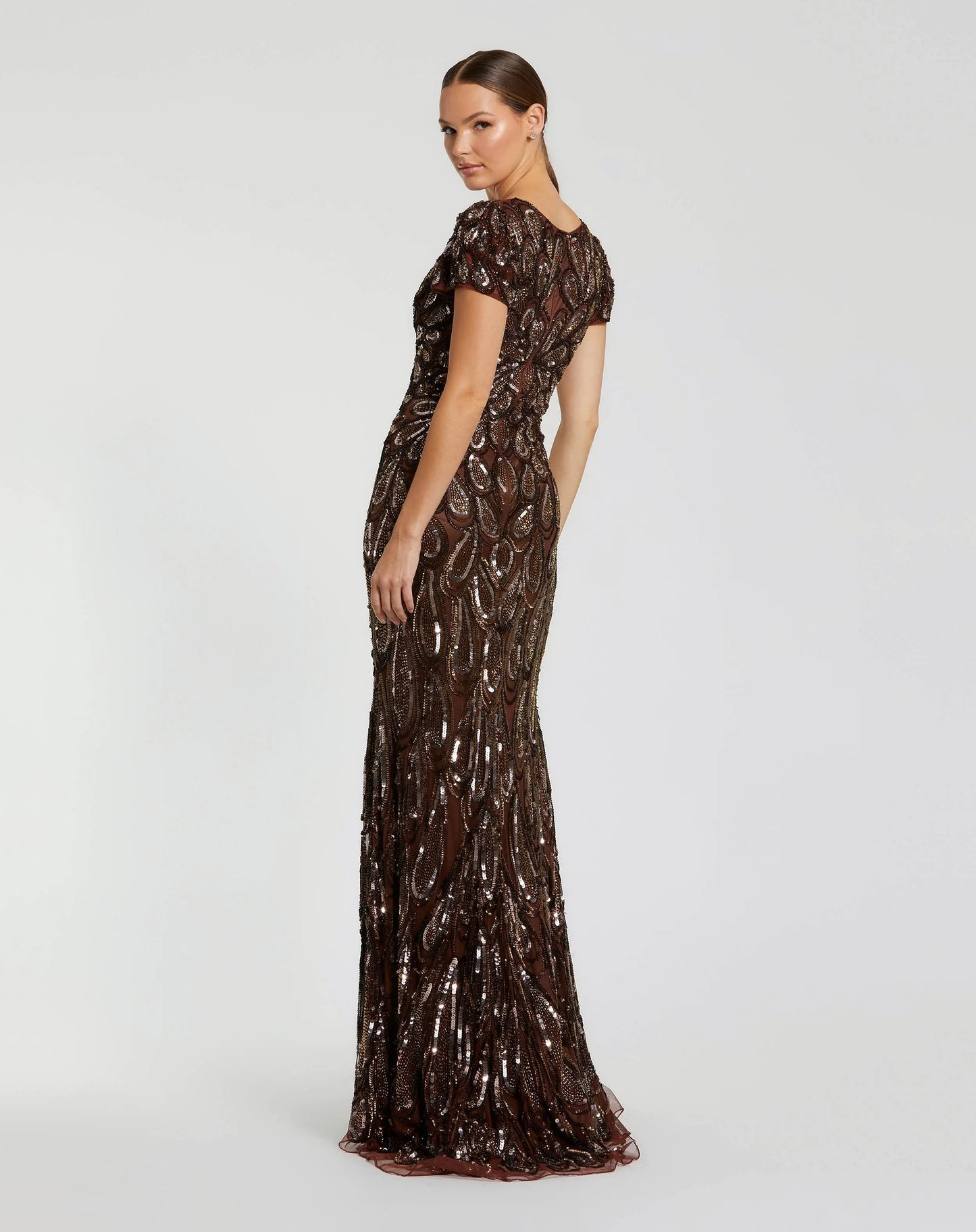 Brown Embellished Deep V Column Gown