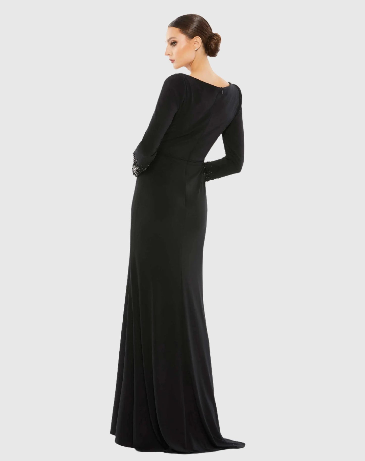 Black Beaded Cuff Long Sleeve Wrap Over Trumpet Gown