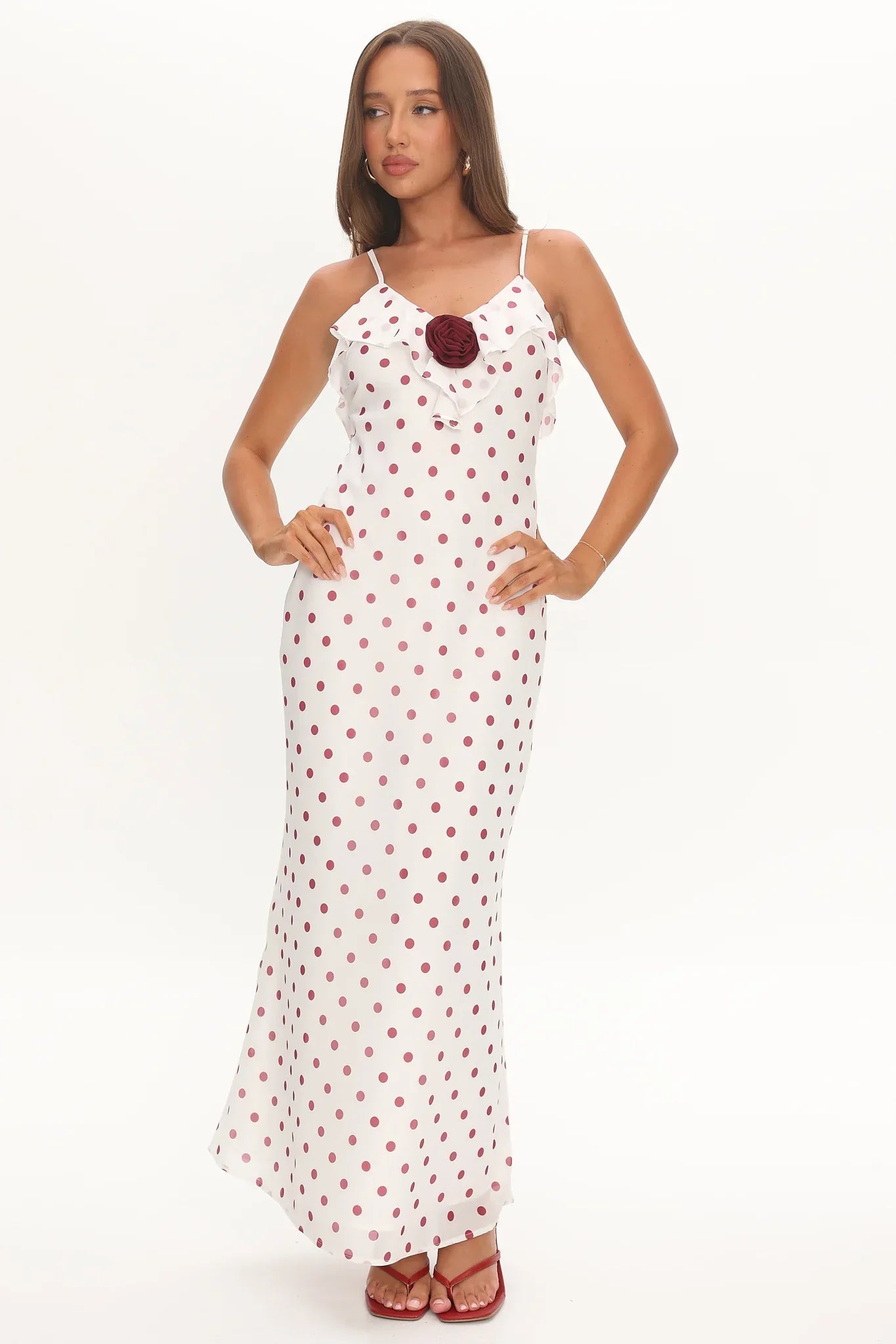 Bellissa Ruffle Bust Maxi Dress Polka Dot Red