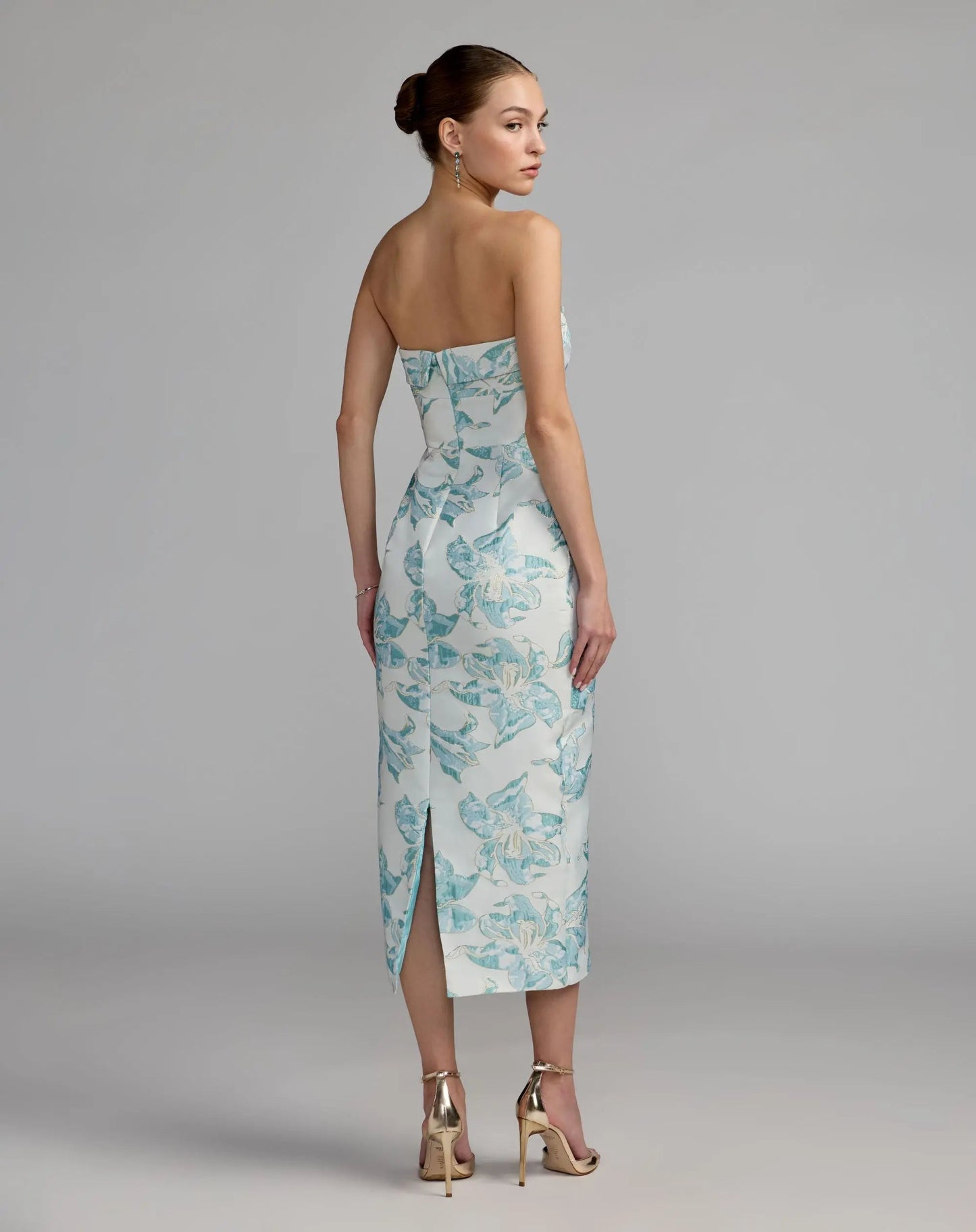 Blue and White Strapless Brocade Sheath Midi Dress