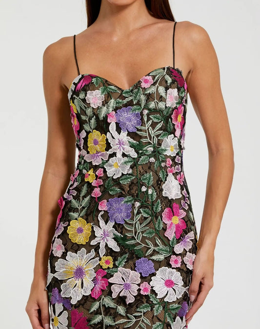 Black Floral Embroidered Sleeveless Bustier Gown