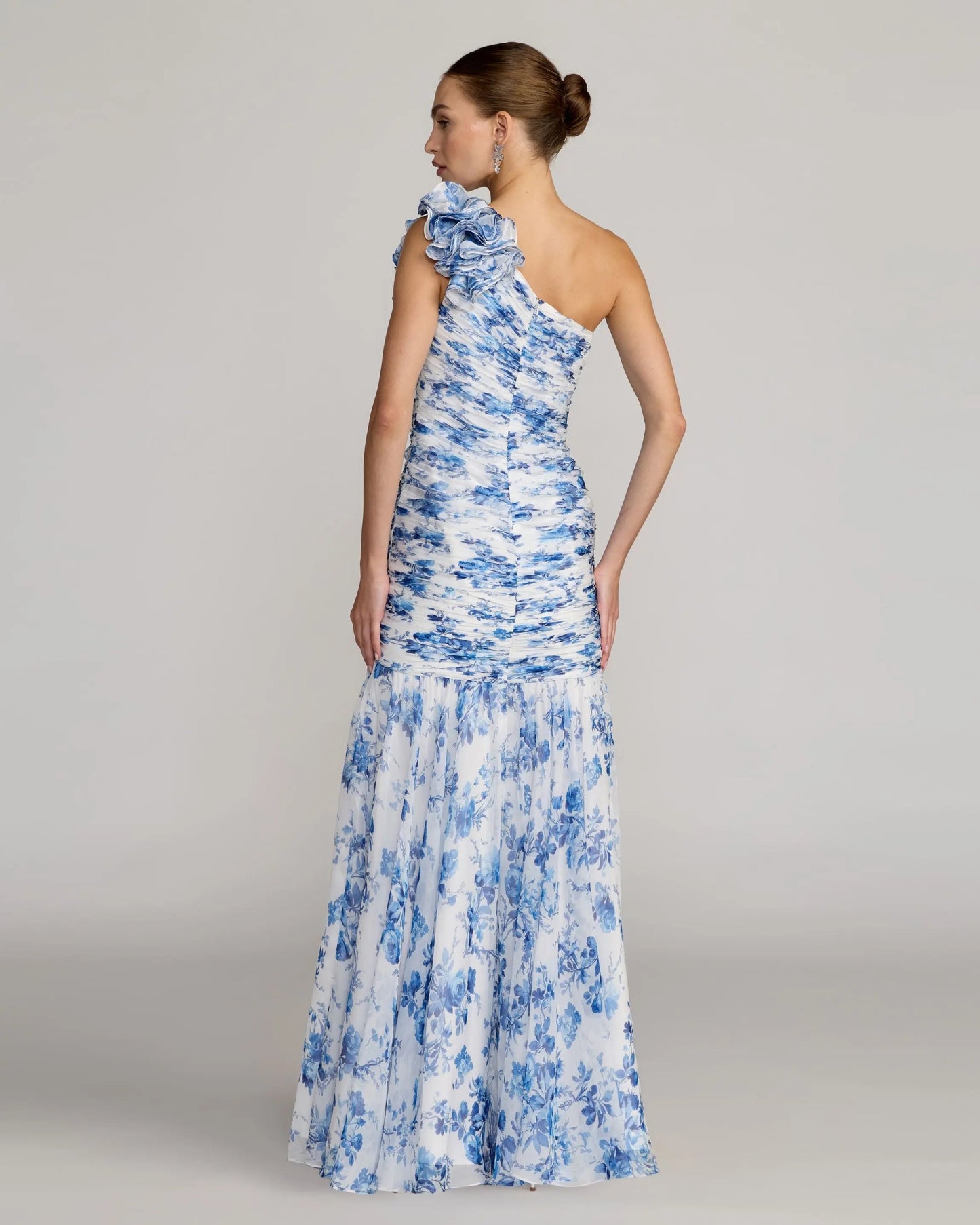 Blue Ruched Floral Chiffon Gown With 3D Ruffles