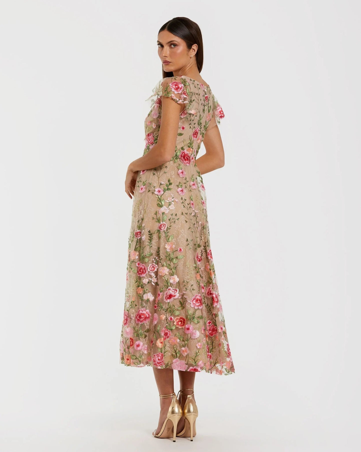 Beige Floral Embroidered Flutter Sleeve Midi Dress