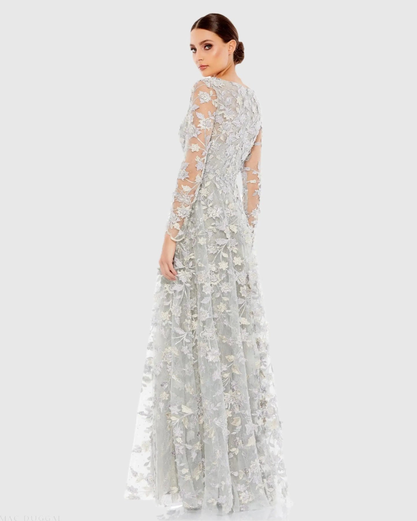 Gray Floral Applique Long Sleeve Illusion Gown