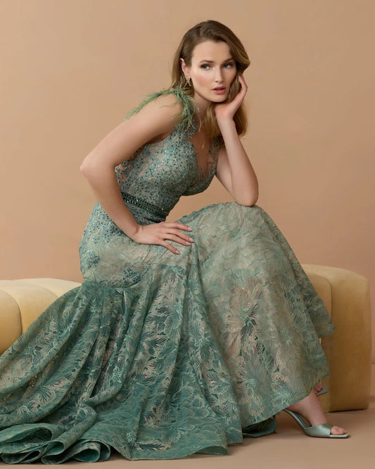 Green Embellished Lace High Neck Gown With Feather Sleeves