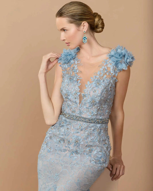 Blue Embellished Lace Illusion Neck Gown With 3D Flowers