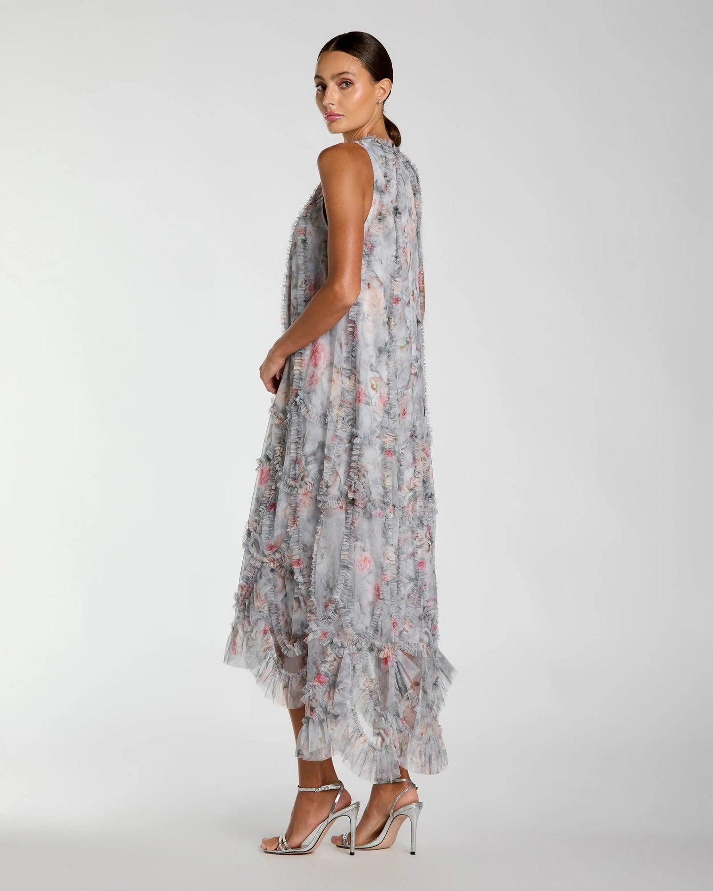 Gray Floral Ruffle High Neck Midi Dress