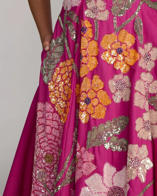 Hot Pink Strapless Floral Embellished Midi Dress