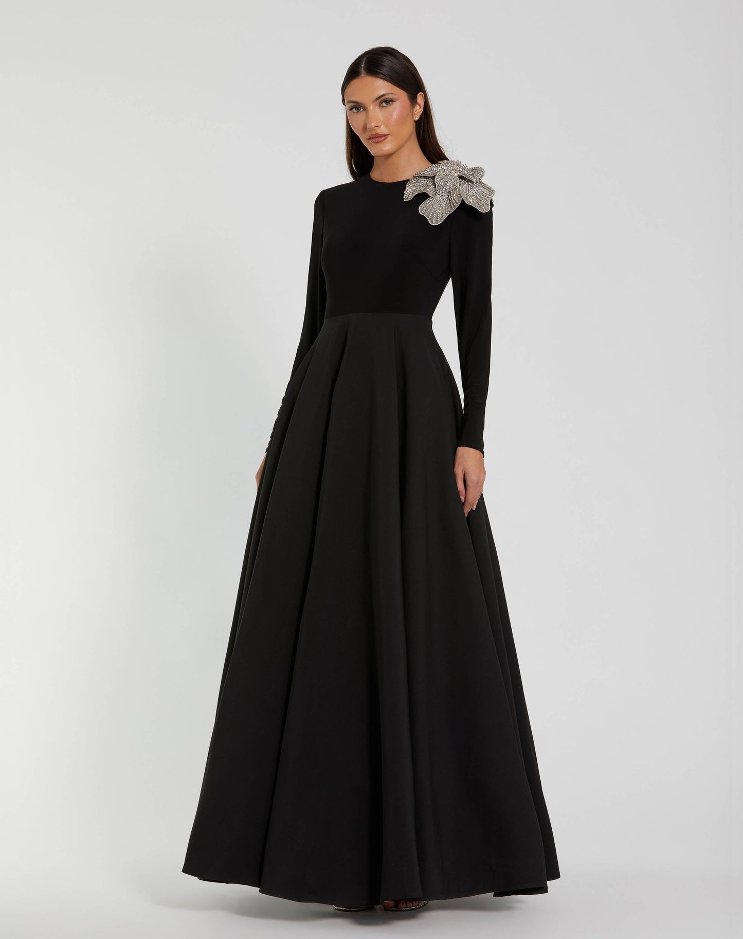 Long Sleeve Ball Gown with Rhinestone Flower