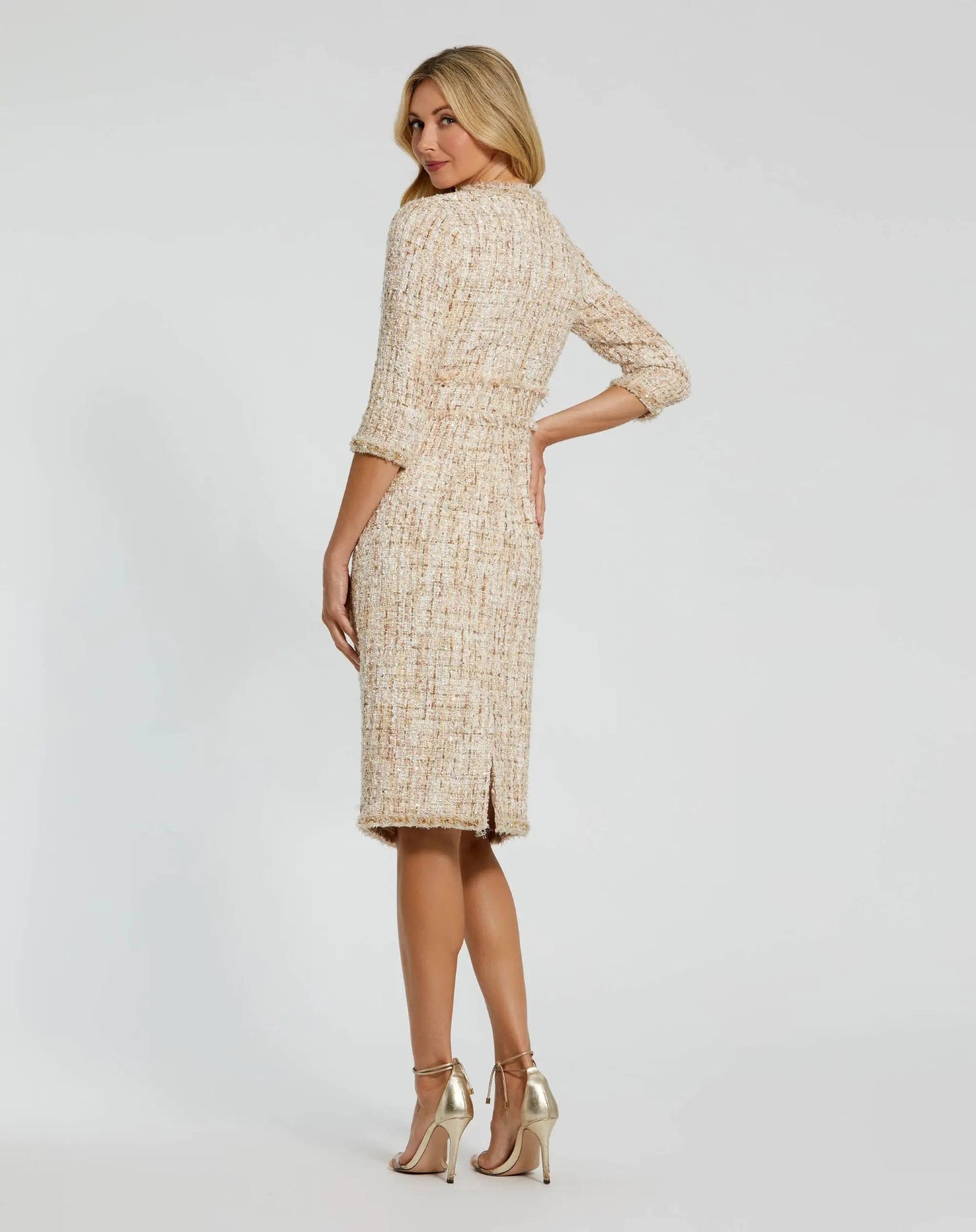 Beaded Trim Boucle Midi Dress with 3/4 Sleeves