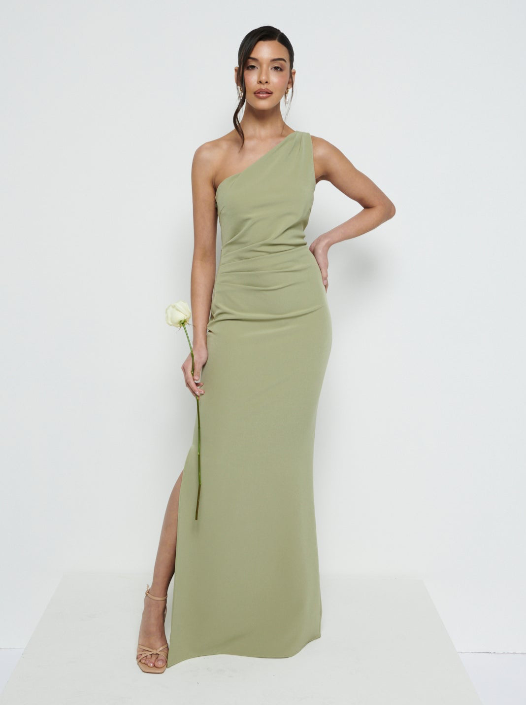 Amelia Crepe Ruched Maxi Bridesmaid Dress - Olive