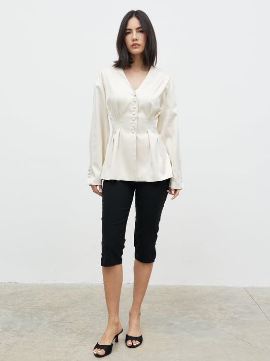 Amora Collarless Bonded Satin Jacket - Oyster