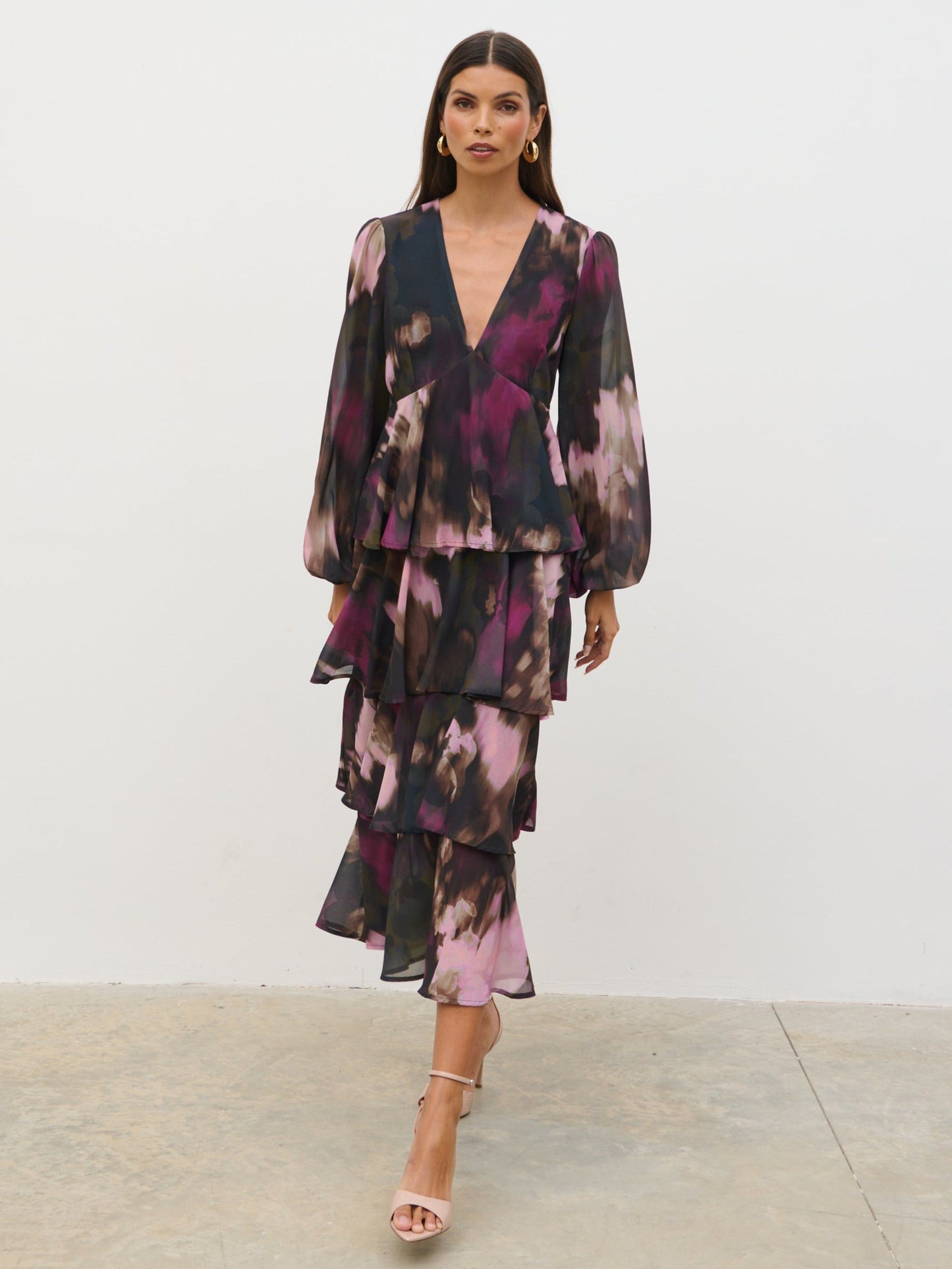 Ashton Ruffle Midi Dress - Purple and Khaki Ombre