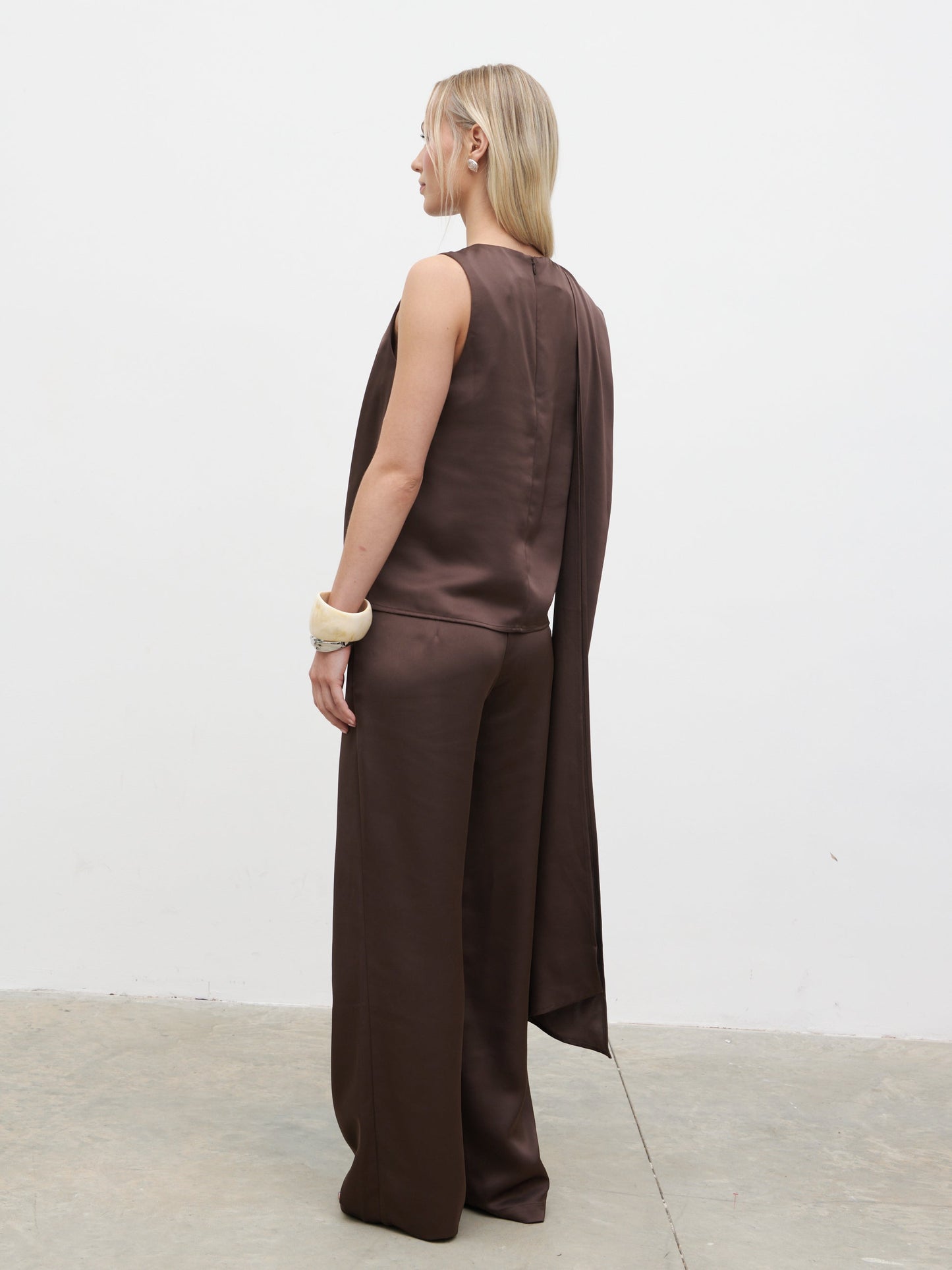 Breya Scarf Satin Top - Chocolate Brown
