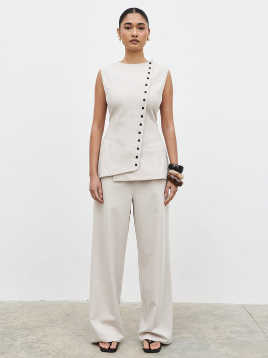 Brylee Asymmetric Button Waistcoat - Stone