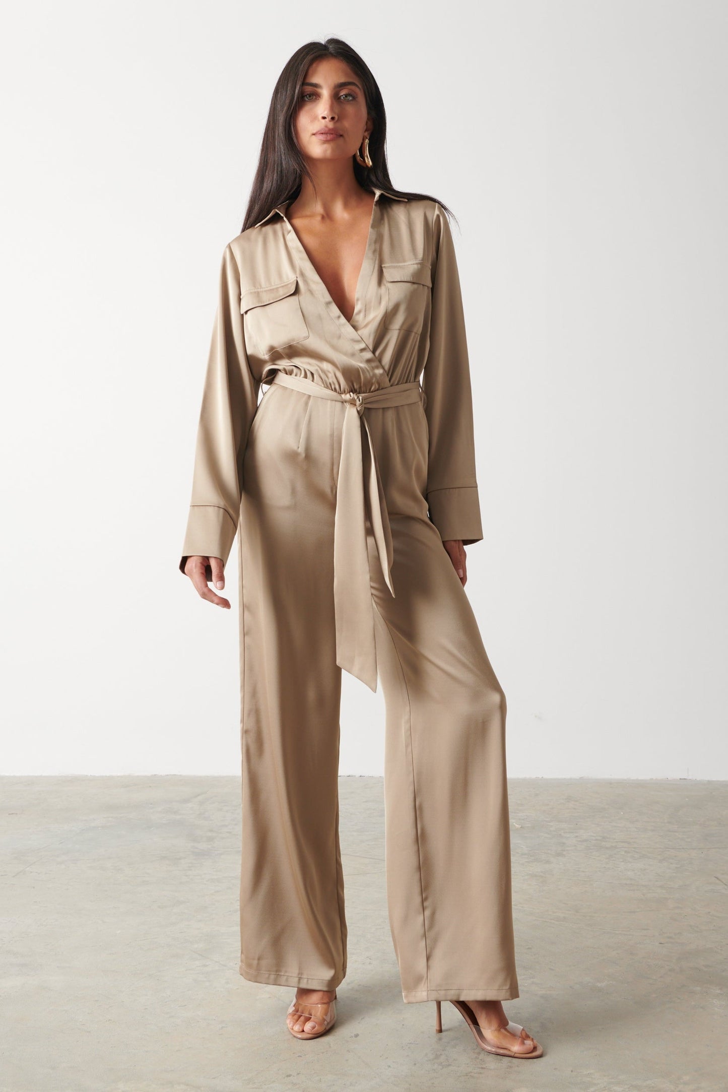 Carmen Satin Jumpsuit - Light Olive