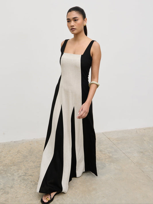 Ella Square Neck Contrast Maxi Dress - Natural and Black
