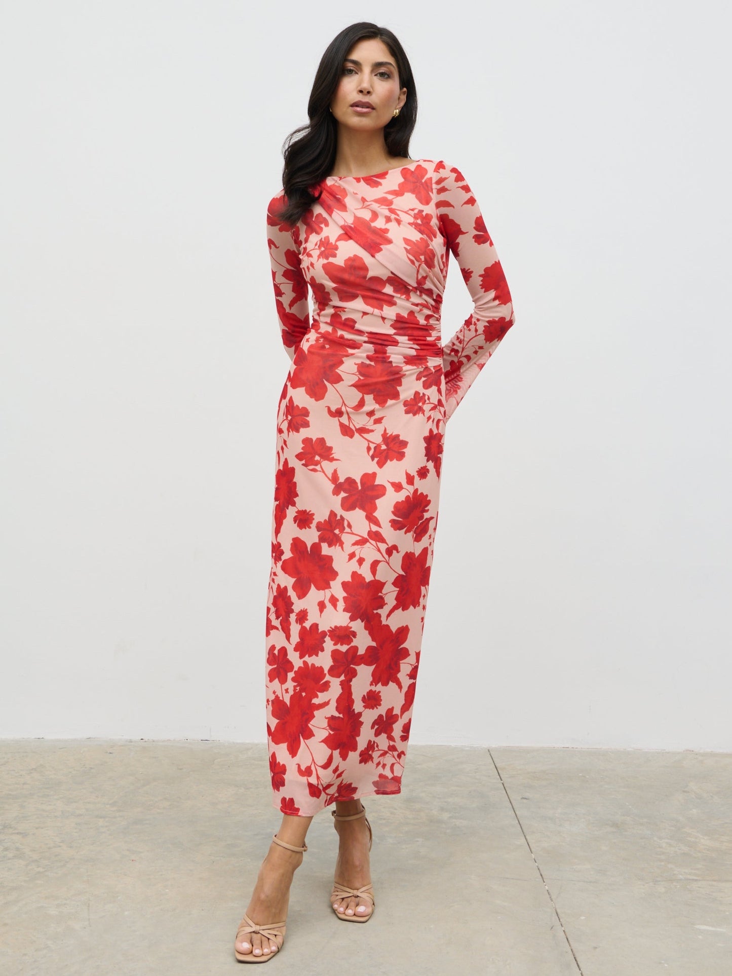 Ethel Long Sleeve Jersey Midaxi Dress - Red Floral