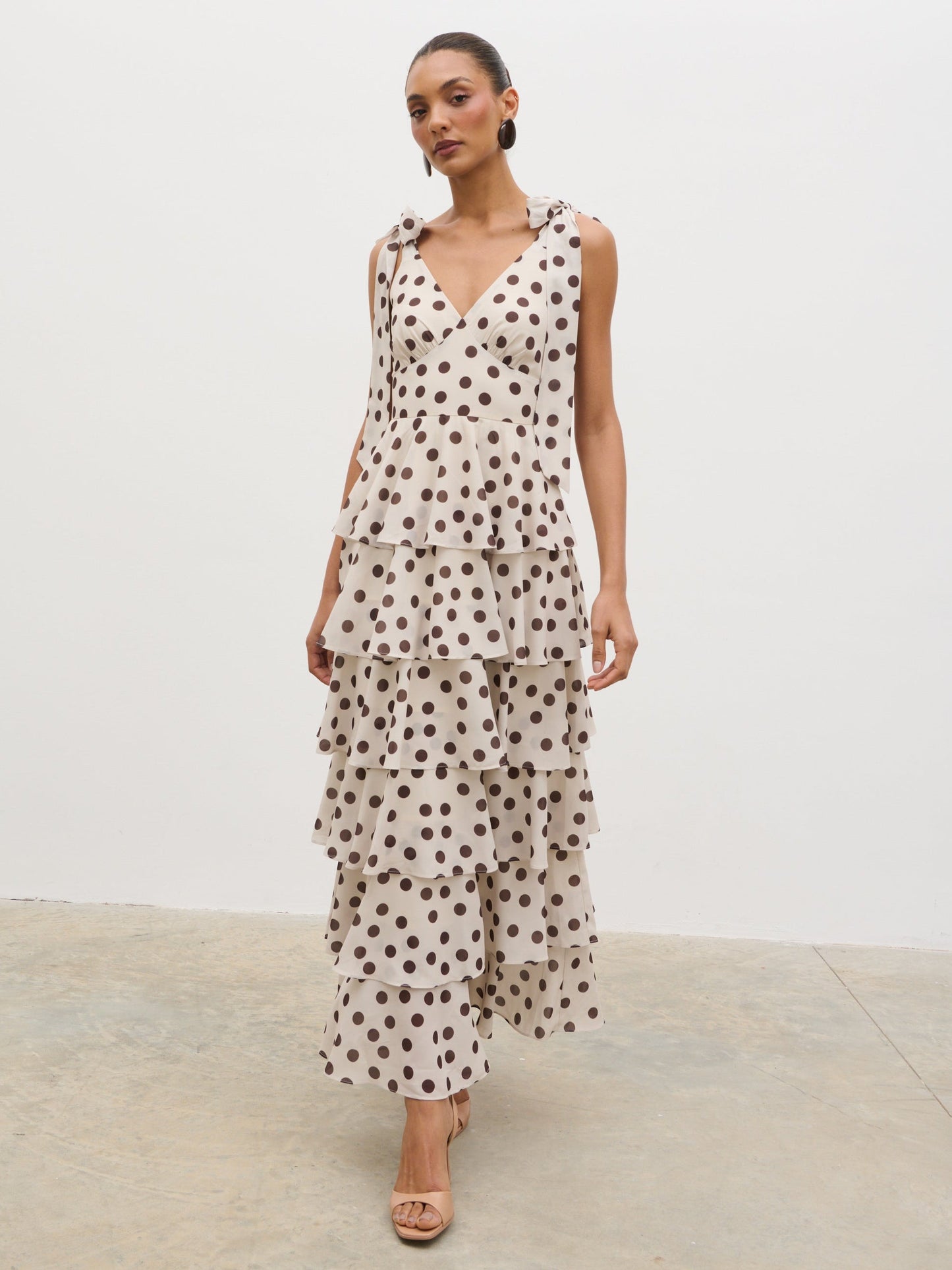 Fiore Tie Ruffle Maxi Dress - Large Brown and Cream Polkadot