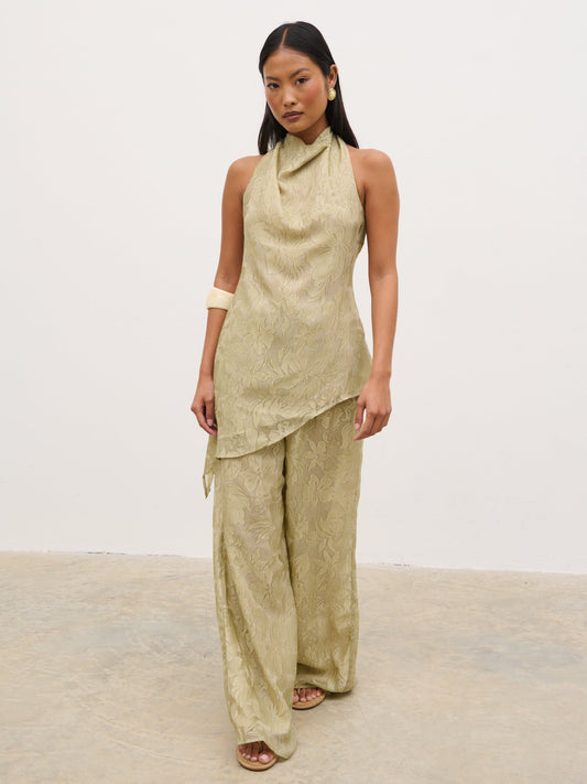 Inca Asymmetric Cowl Neck Top - Olive Jacquard Floral