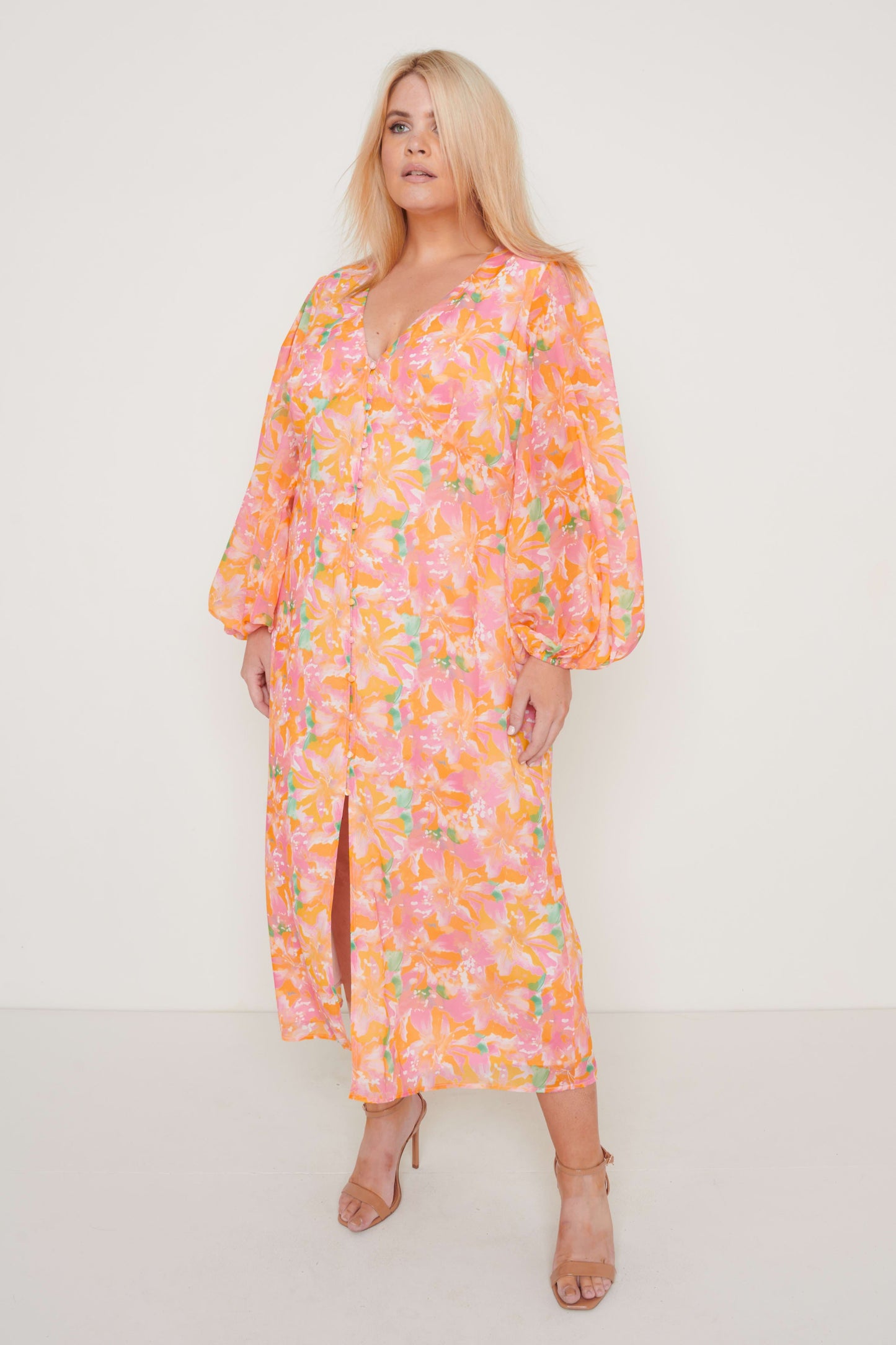 Naya Midaxi Dress - Orange and Pink Floral