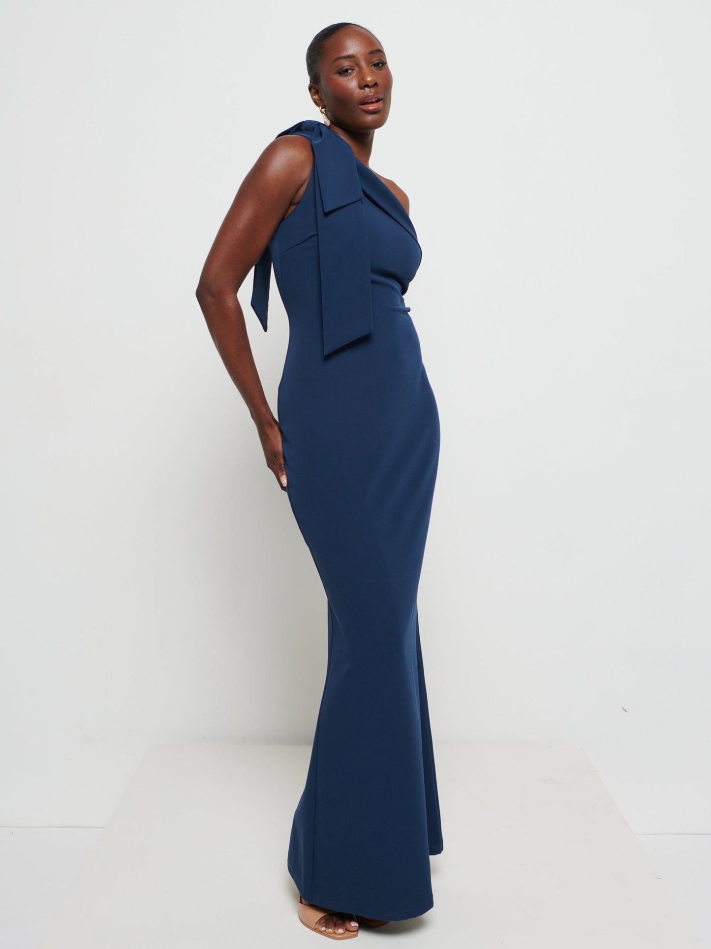 Nevaeh One Shoulder Crepe Maxi Bridesmaid Dress - Navy