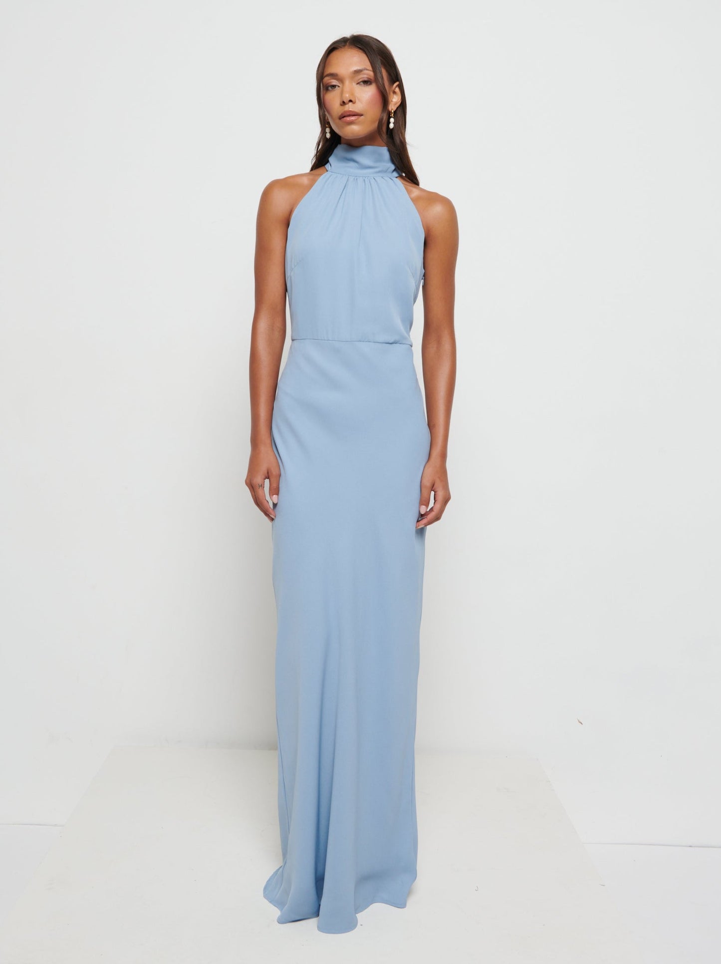 Odelle High Neck Chiffon Maxi Bridesmaid Dress - Dusty Blue