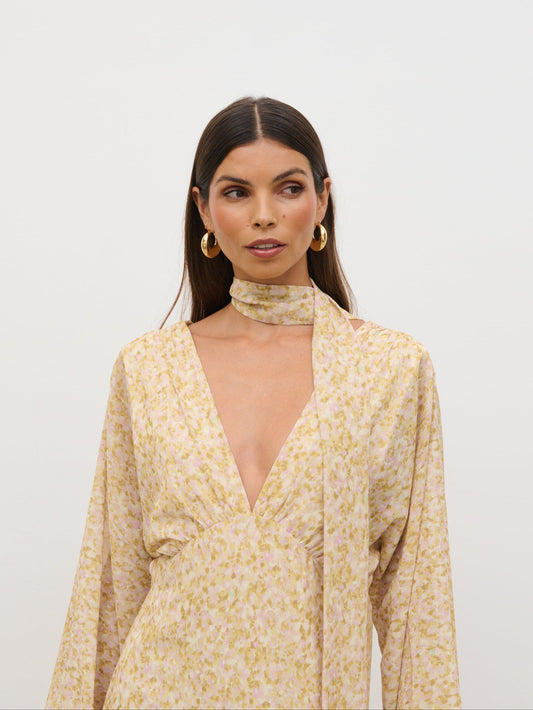 Petula Batwing Scarf Maxi Dress - Chartreuse and Lilac Abstract