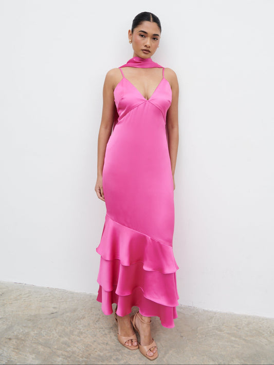 Serita V Neck Tiered Maxi Dress - Fuchsia Satin