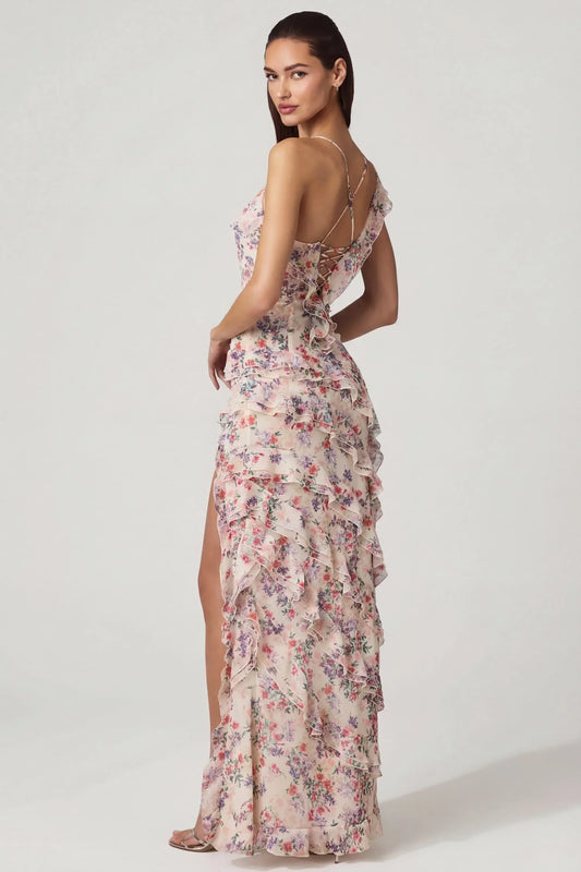 Asymmetric Ruffled Lace-Up Gown in Primrose Floral Print