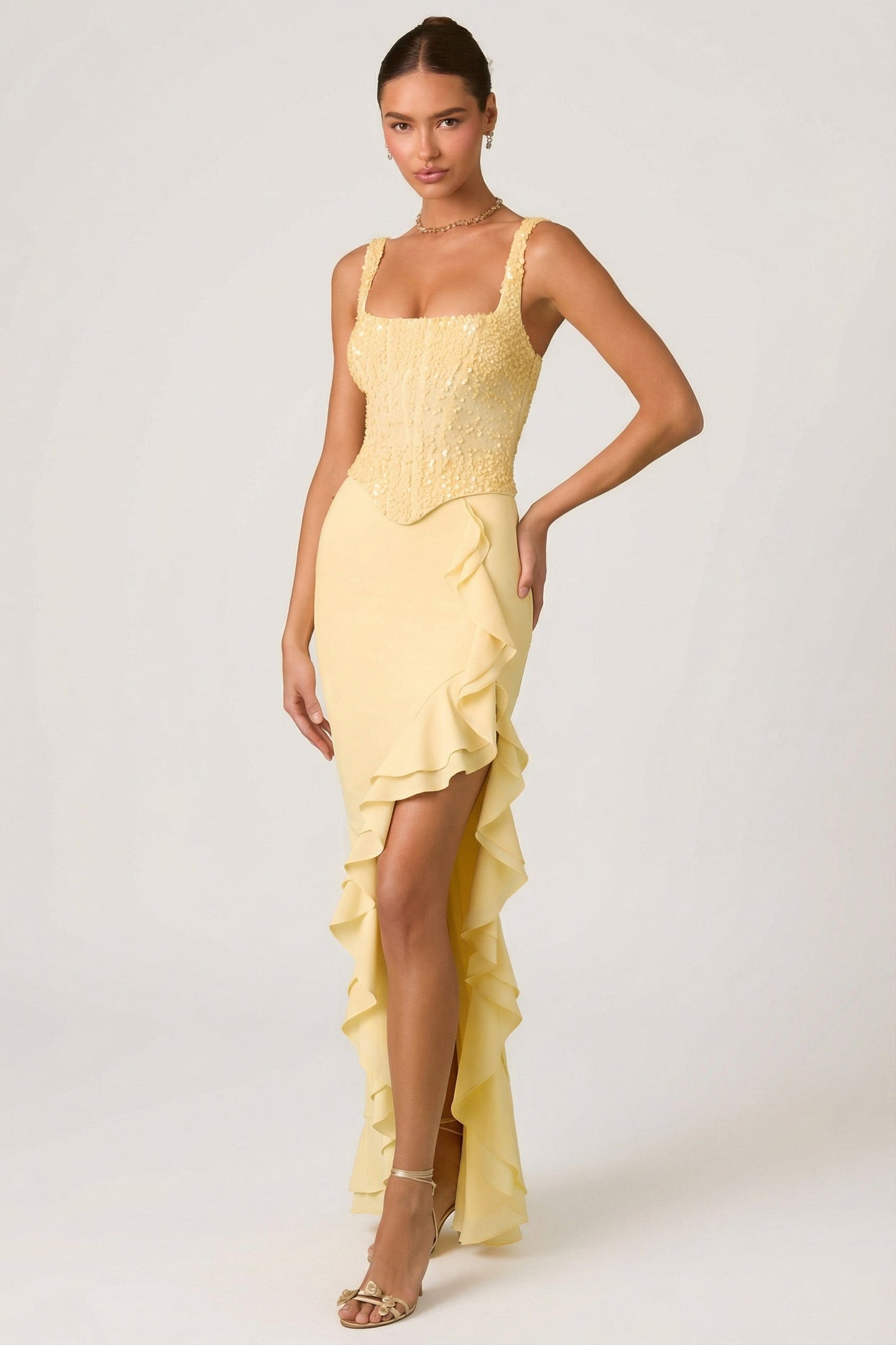 Embellished Ruffle-Trim Corset Gown in Yellow